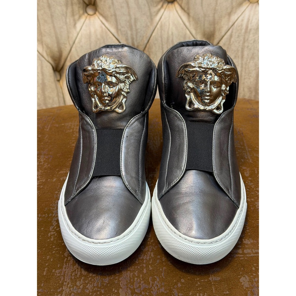 Versace Medusa Head Metallic Pewter Leather High Top Sneakers Mens 40 Made Italy